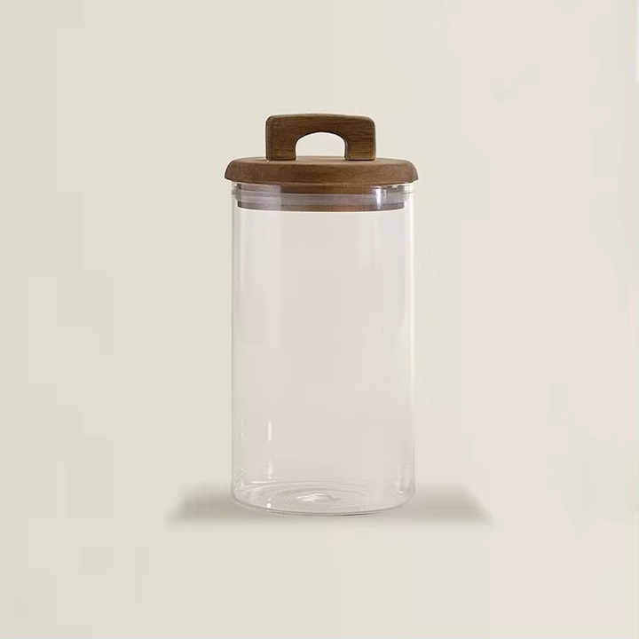 Стъклен съд за съхранение на паста, подправки и храни, с капаци от тъмно акациево дърво, с дървени дръжки, 1300 ml