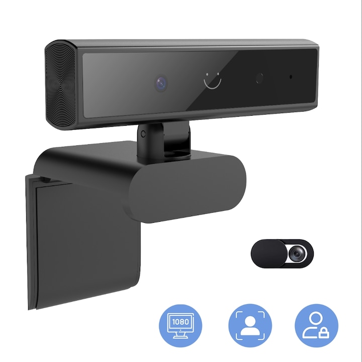 iNext HD 1080p webkamera, 1080p webkamera Windows Hello funkcióval, valódi adatvédelmi bejelentkezés, zajszűrő mikrofon, 95°-os széles látószög, számítógépes kamera, adatvédelmi fedél, USB C HD webkamera, fekete