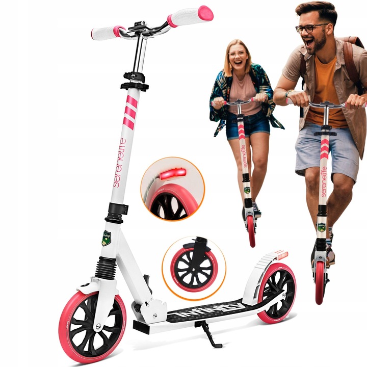 SereneLife gyerek roller, csúszásgátló platform, állítható kormány, fehér/rózsaszín