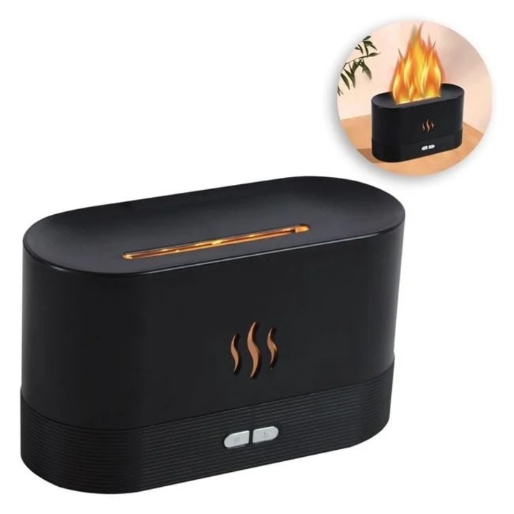 Difuzor electric pentru aromaterapie si parfumare cu LED, cu efect de flacara in 8 culori, 17x7x10 cm, negru