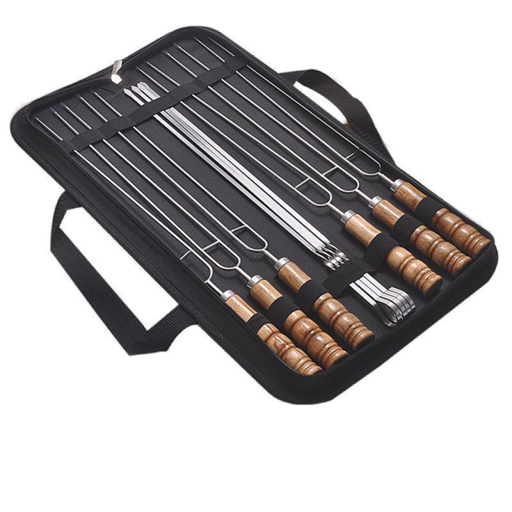 Set ustensile gratar 10 piese, inox, manere din lemn de fag, 6 frigarui cu manere din lemn, 4 frigarui metalice