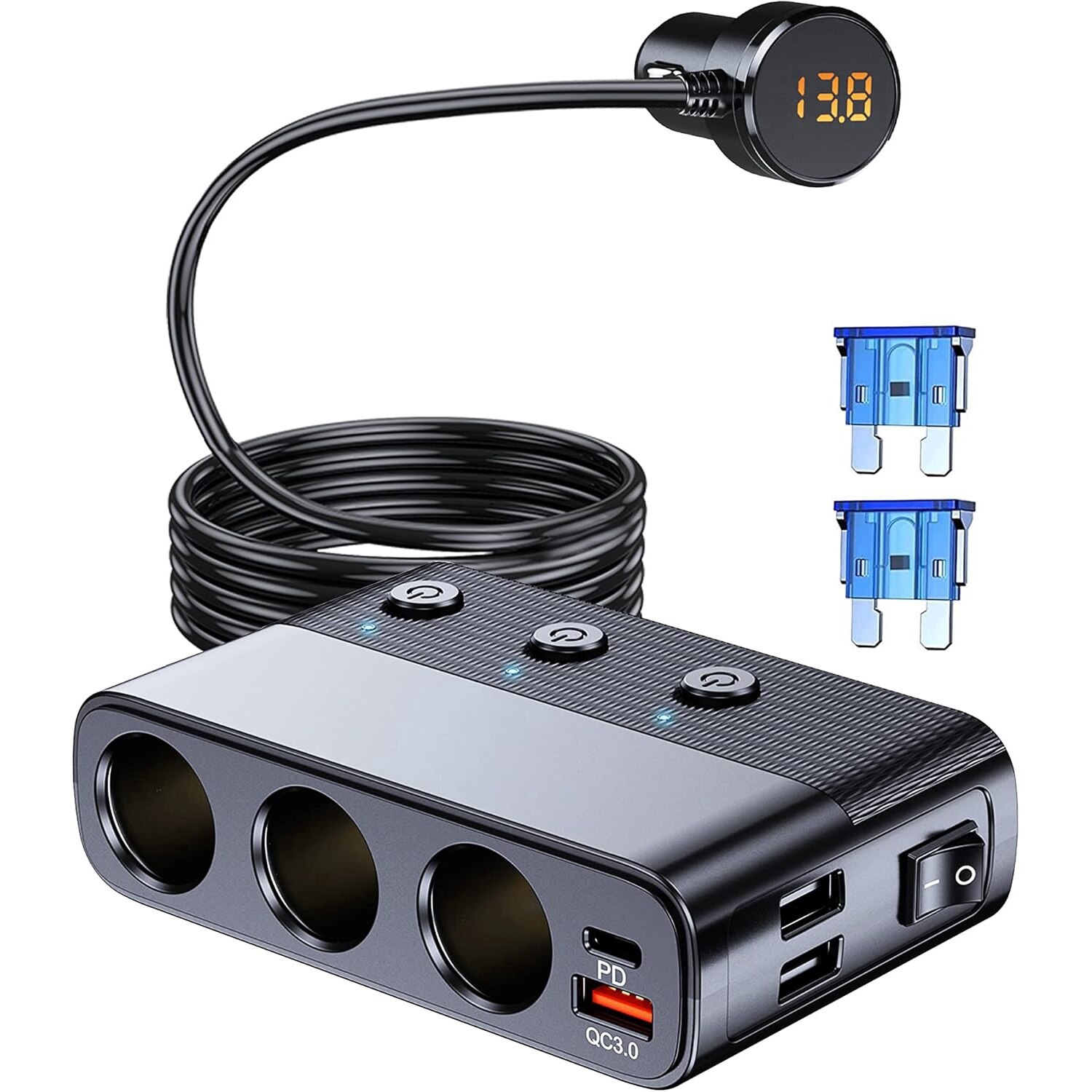 Fast Charging Lighter Car Charger 7-in-1 Car Cigarette Lighter Distributor, Einnenffer， 3-Socket