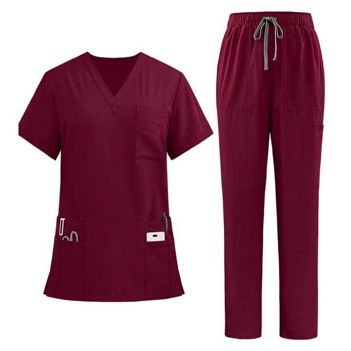 Costum medical, Hggzeg, Haina de Lucru, Unisex, Decolteu in V, 8 buzunare, Confortabil, Care elimina umezeala, Rezistenta la riduri, Cu talie elastica, Nu se decoloreaza, Usor de curatat, Pentru laboratoare, spitale, Poliester, M, Visiniu