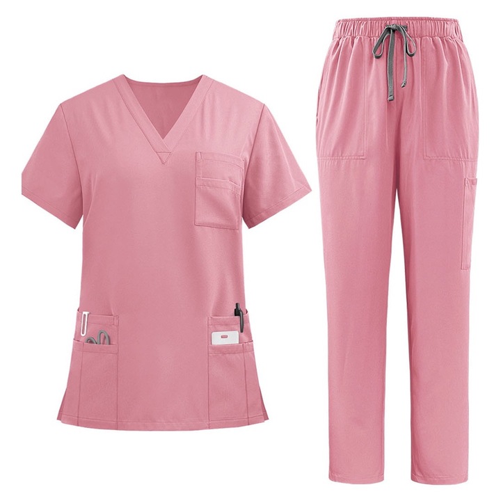 Costum medical, Hggzeg, Haina de Lucru, Unisex, Decolteu in V, 8 buzunare, Confortabil, Care elimina umezeala, Rezistenta la riduri, Cu talie elastica, Nu se decoloreaza, Usor de curatat, Pentru laboratoare, spitale, Poliester, M, Roz