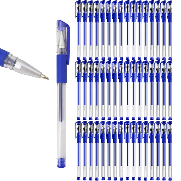 Pix cu gel, Hggzeg, Set 48 pixuri, Cu capac, cerneala albastru, Grosime scriere 0.5 mm, Scriere neteda si uscare rapida, Capacitate mare, Mai durabil, Pentru birouri, case, scoli, Plastic, Lungime 15cm, Albastru