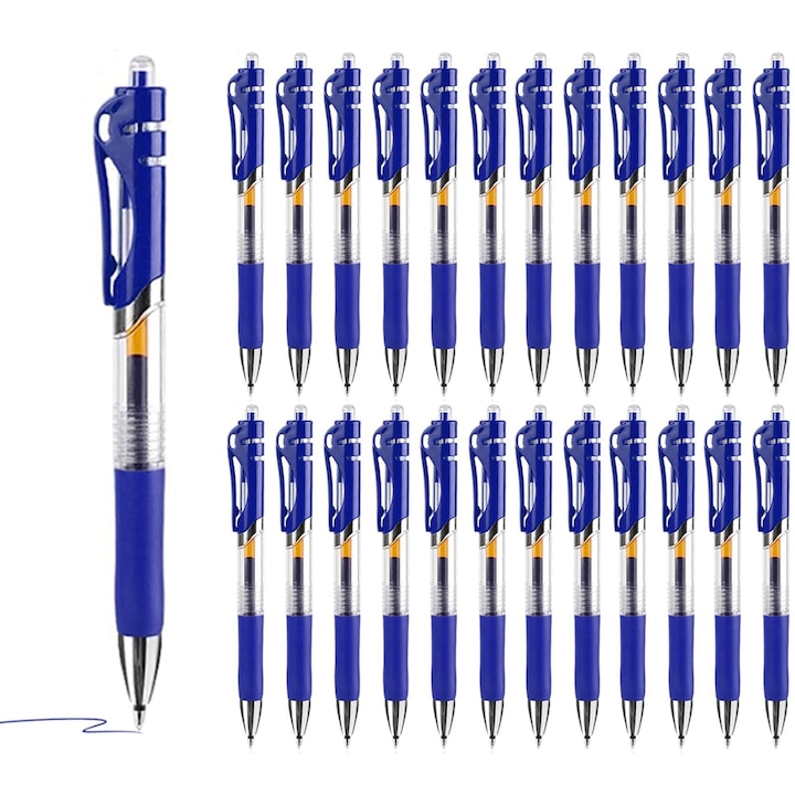Géltoll, Hggzeg, 24 tollból álló készlet, Behúzható, Fekete tinta, Írásvastagság 0,5 mm, Sima írás és gyorsan száradó, Nagy kapacitás, Tartósabb, Irodákba, otthonra, iskolákba, Műanyag, Hossz 15 cm, Kék