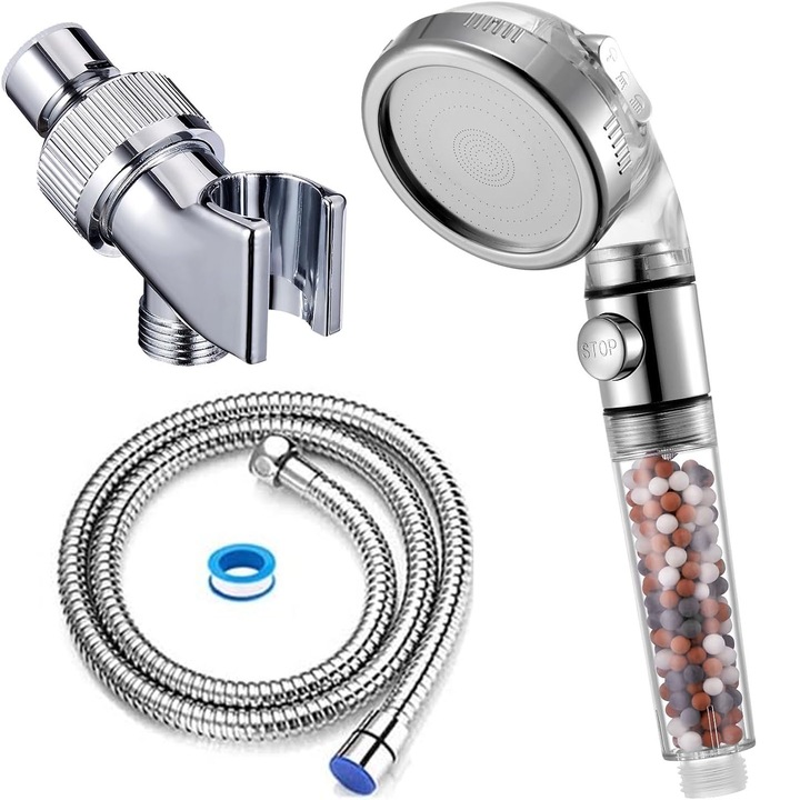 Cap de dus cu 3 functii, Hggzeg, Set dus cu efect de ploaie, Cu accesorii, granule minerale active, Flexibilitate versatila de comutare a angrenajelor, Presiune inalta, Buton on/off, Detasabil, Plastic/Inox, 25 * 8cm, Transparent/Argintiu