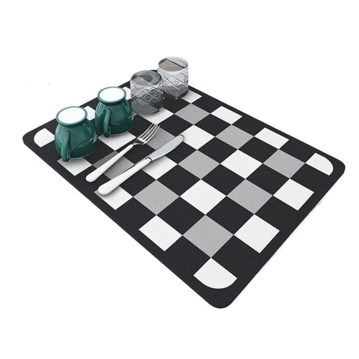 Covoras absorbant pentru bucatarie, Hggzeg, Anti alunecare, Pentru bucatarie, Automat de cafea, Vaselor de bucatarie, Din panza tehnologica cu suport din cauciuc, 50x40 cm, Negru/Alb