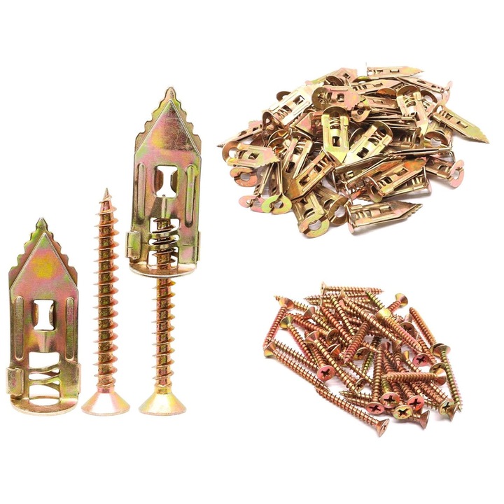 Set 50 dibluri si holsuruburi, Hggzeg, Cutie de depozitare transparenta pentru acces usor, Rezistenta la coroziune, prin insurubare, Usor de transportat si depozitat, Pentru caramida, beton, zidarie, gips-carton, zinc si plastic, Inox, 12x30mm, Auriu