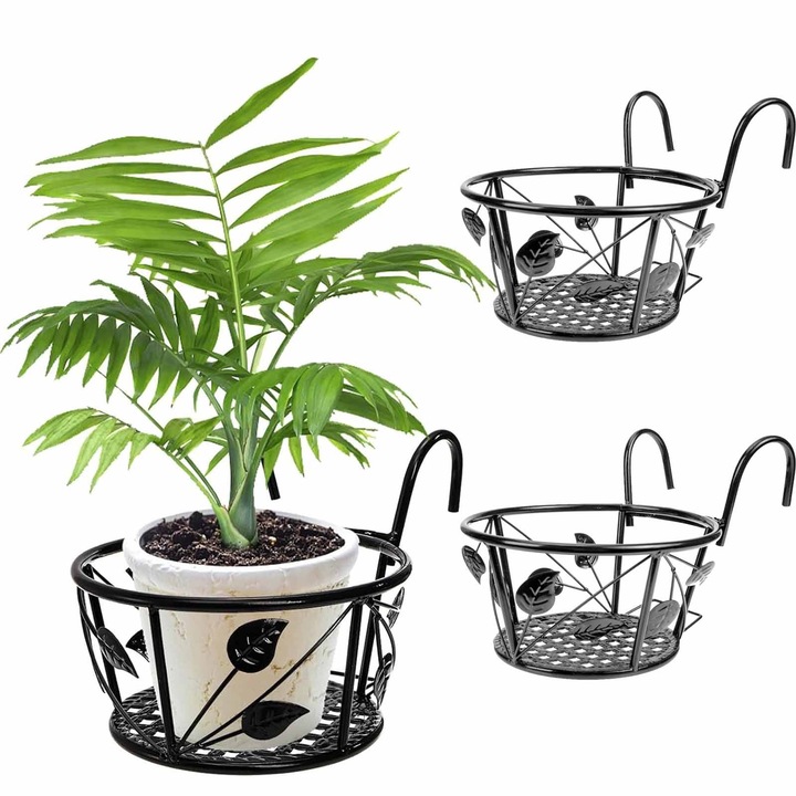 Suport metalic pentru ghiveci flori, SINBINTA, Suport plante pentru balcon, 3 Piese, Suspendabil, Rotund, Rezistent la apa, Usor de instalat, Pentru balustrada scari, punte, balcon, gard de fier, Metal, 22*18*18cm, Negru