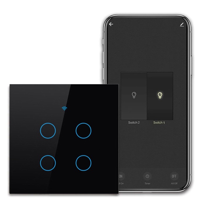 Okos WiFi érintőkapcsoló, SINBINTA, Egyszerű érintőkapcsoló, 4 csatorna, Vezeték nélküli 2.4GHz, 10A, AC 110-240V, Tűzálló, Tuya kompatibilis, Smart Life, Alexa és Google Assistant, Edzett üveg, 86 * 86 * 34mm, Fekete