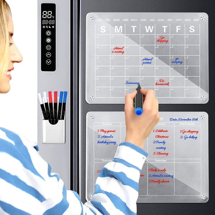 Set de 2 Calendar Magnetic Acrilic Lunar Saptamanal Frigider, Excitat®, Tabla Transparenta Sters Usor, Planner Reutilizabil 6 Markere 3 Culori, Transparent