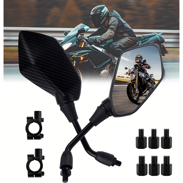 Комплект огледала за мотоциклет от 2 части, Excitat®, регулируеми на 360° странично с винтове 8 мм и 10 мм, HD за кормило, широк ъгъл на видимост отзад, съвместим със скутери, кросови мотори, ATV, карбонови влакна