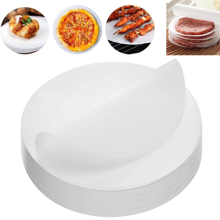 Set 100 hartie de copt pentru air fryer, Hggzeg, 230°C, Rotunde, Rezistent la ulei si la apa, Usor de utilizat, Pentru cuptor cu microunde, friteuza, Hartie, Diametru 30 cm, Alb