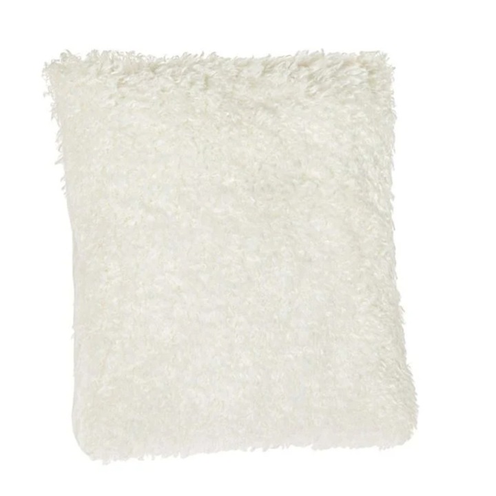 Perna decorativa, pentru canapea, din imitatie de blana, alba, 45 x 45 x 12cm