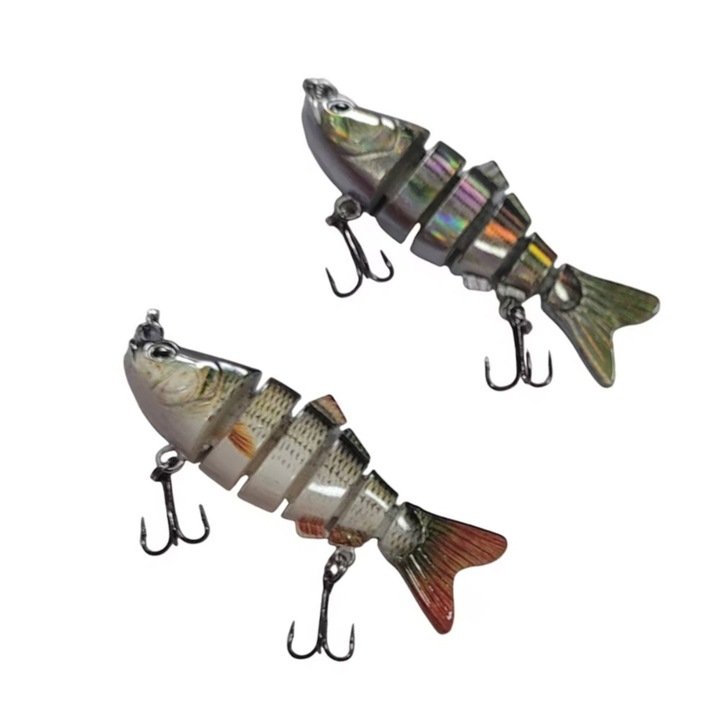 Set 2 voblere 6 segmente, 7 cm, 8 grame pentru pescuit la pesti rapitori, ABS, Carlig triplu din otel inoxidabil, inalta fidelitate, vibratii de joasa frecventa, non-decolorare, utilizat pe scara larga, multi-color