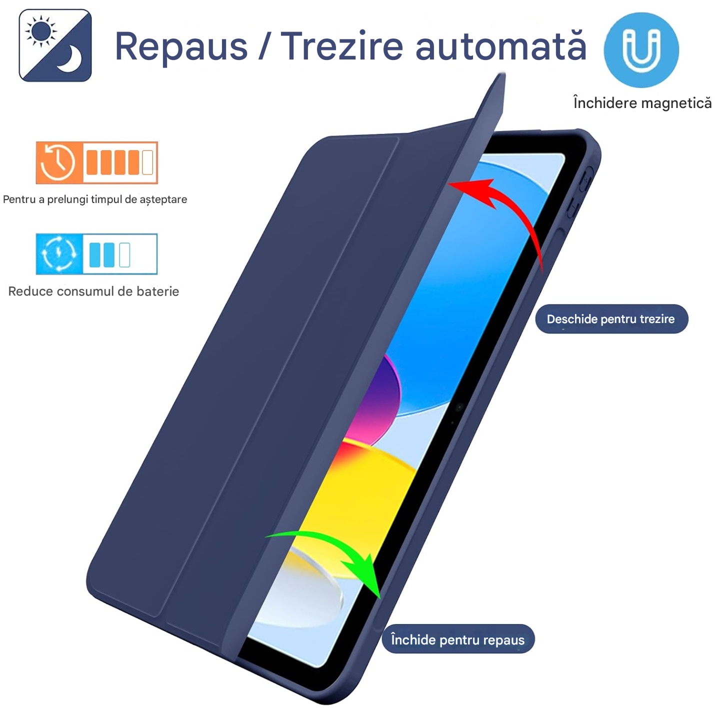 Husa de protectie flip cover pentru tableta compatibila cu pentru Apple iPad Air 11 2024, tip stand, Piele, trezire/somn automata, suport multi unghi, taiere precisa, anti-uzura, anti-picatura, albastru profund