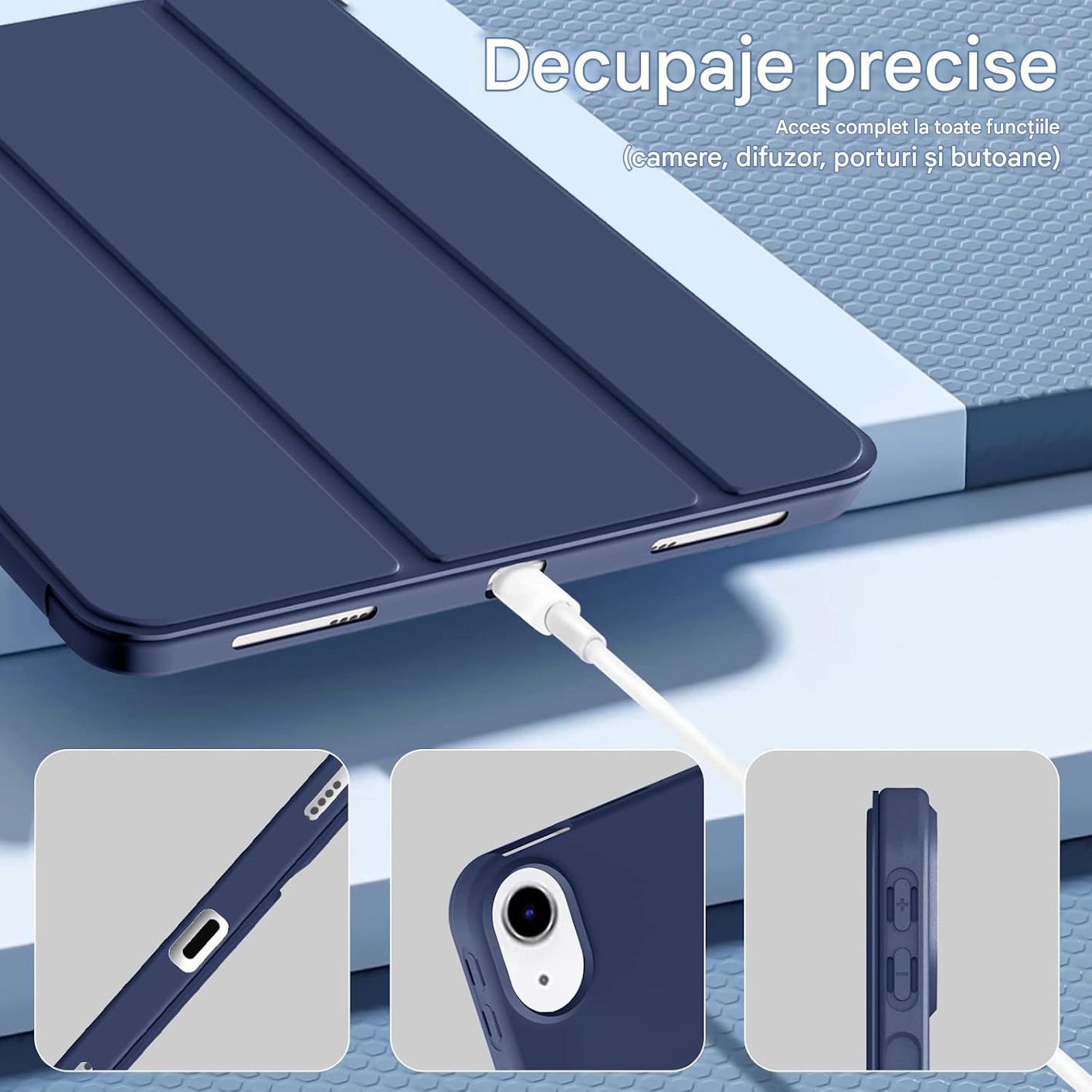 Husa de protectie flip cover pentru tableta compatibila cu pentru Apple iPad Air 11 2024, tip stand, Piele, trezire/somn automata, suport multi unghi, taiere precisa, anti-uzura, anti-picatura, albastru profund