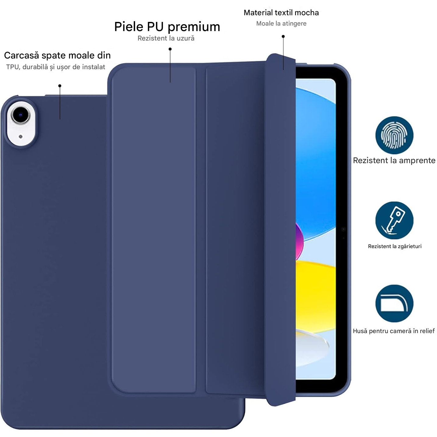 Husa de protectie flip cover pentru tableta compatibila cu pentru Apple iPad Air 11 2024, tip stand, Piele, trezire/somn automata, suport multi unghi, taiere precisa, anti-uzura, anti-picatura, albastru profund