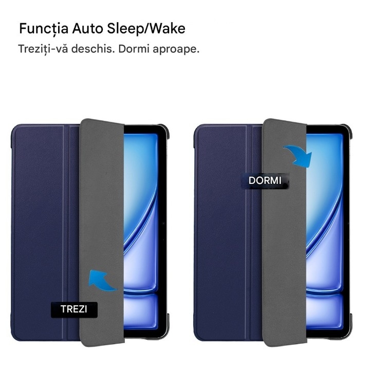 Husa de protectie flip cover pentru tableta compatibila cu pentru Apple iPad Air 11 2024, tip stand, Piele, trezire/somn automata, suport multi unghi, taiere precisa, anti-uzura, anti-picatura, albastru profund