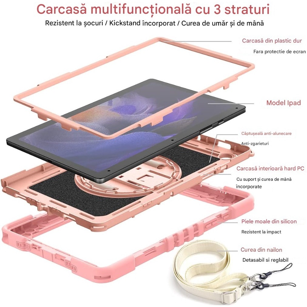 Husa tableta din silicon pentru Samsung Galaxy Tab S7 Plus/ S8 Plus, Protectie Completa 360 cu Functie de Stand, Silicon + PC, capac protector cu 3 straturi, taiere precisa, portabil cu curea de umar, multifunctional, aur roz
