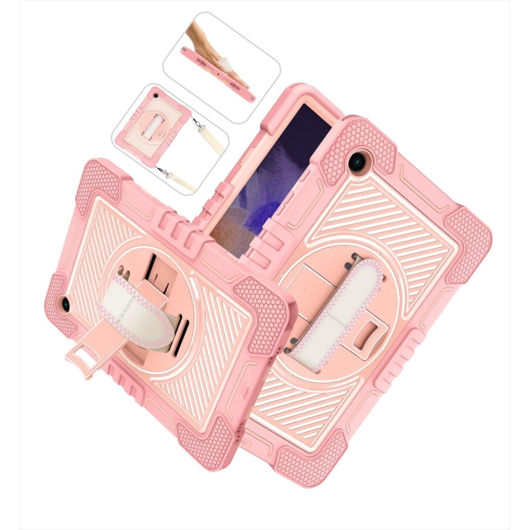 Husa tableta din silicon pentru Samsung Galaxy Tab S7 Plus/ S8 Plus, Protectie Completa 360 cu Functie de Stand, Silicon + PC, capac protector cu 3 straturi, taiere precisa, portabil cu curea de umar, multifunctional, aur roz