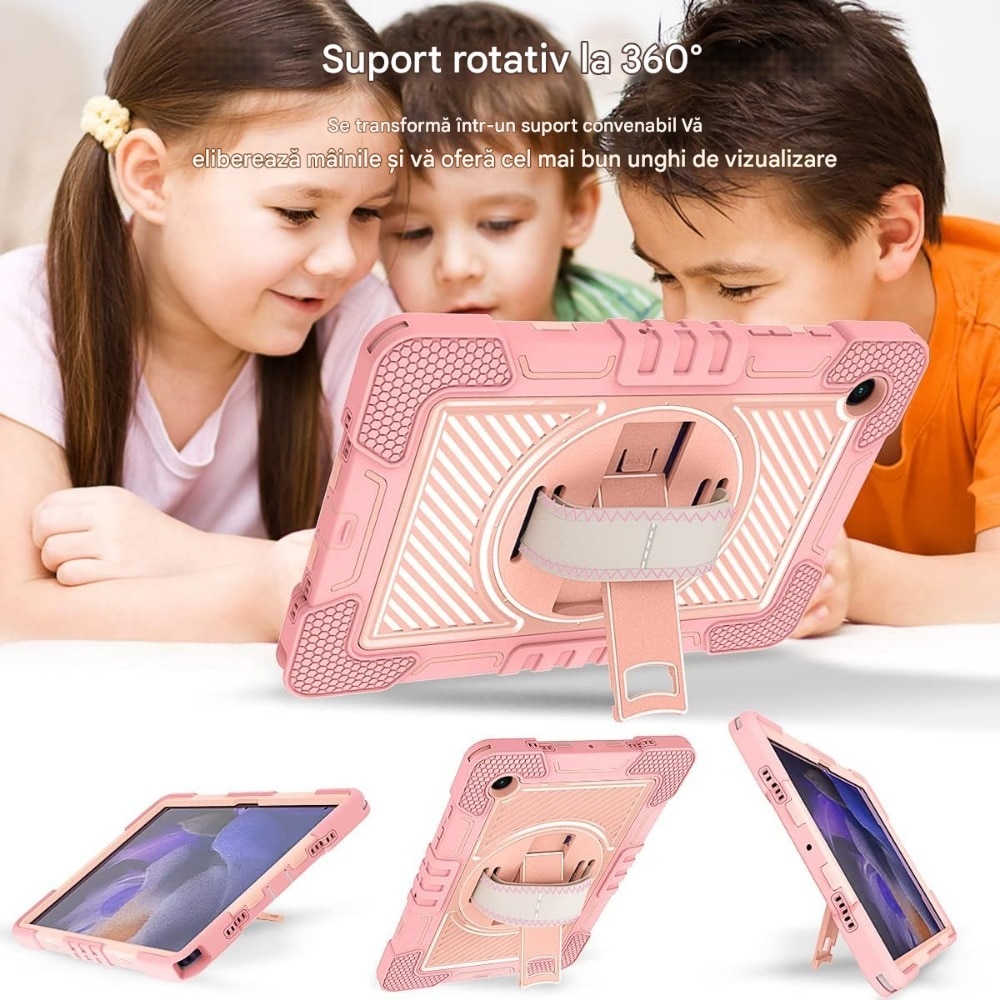 Husa tableta din silicon pentru Samsung Galaxy Tab S7 Plus/ S8 Plus, Protectie Completa 360 cu Functie de Stand, Silicon + PC, capac protector cu 3 straturi, taiere precisa, portabil cu curea de umar, multifunctional, aur roz