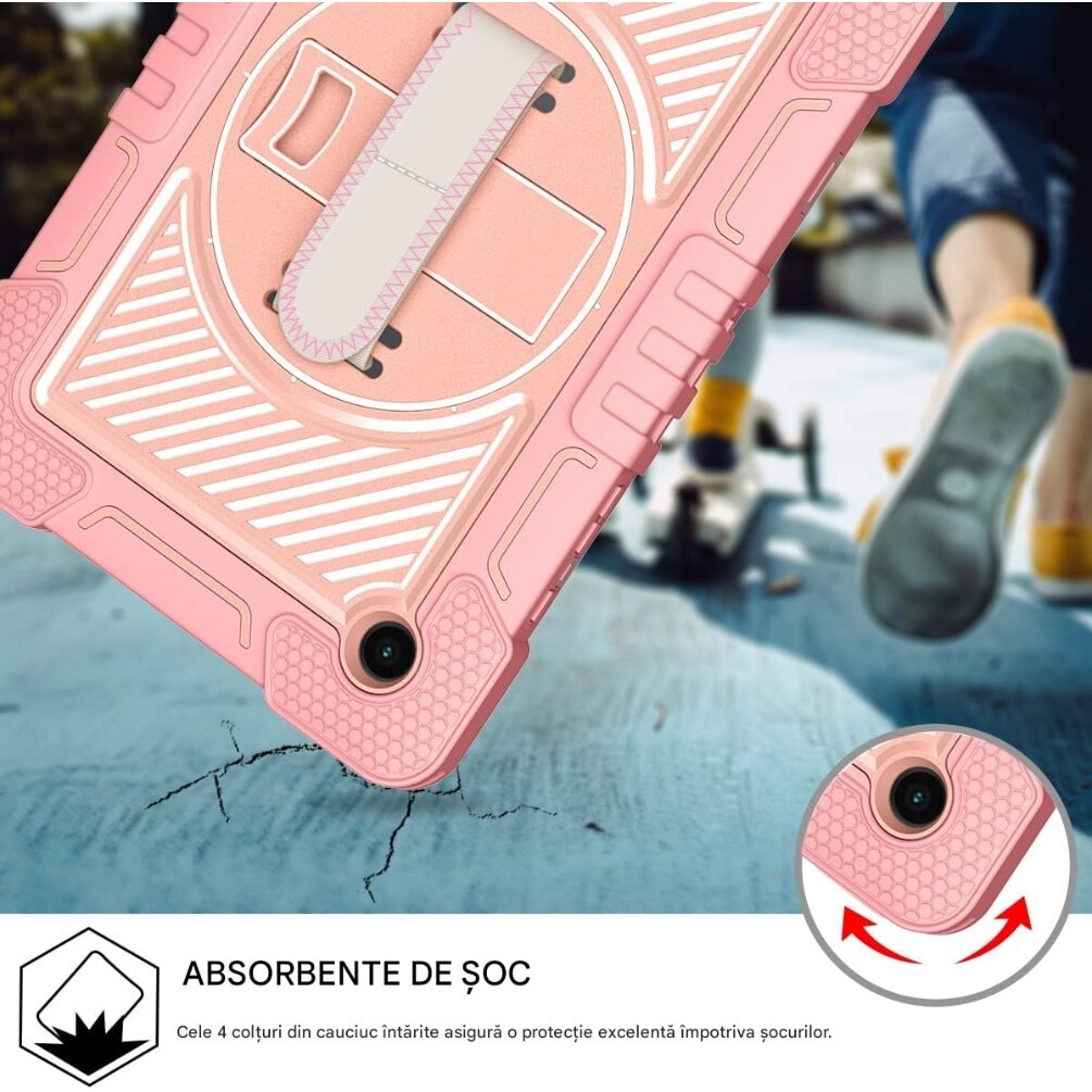 Husa tableta din silicon pentru Samsung Galaxy Tab S7 Plus/ S8 Plus, Protectie Completa 360 cu Functie de Stand, Silicon + PC, capac protector cu 3 straturi, taiere precisa, portabil cu curea de umar, multifunctional, aur roz