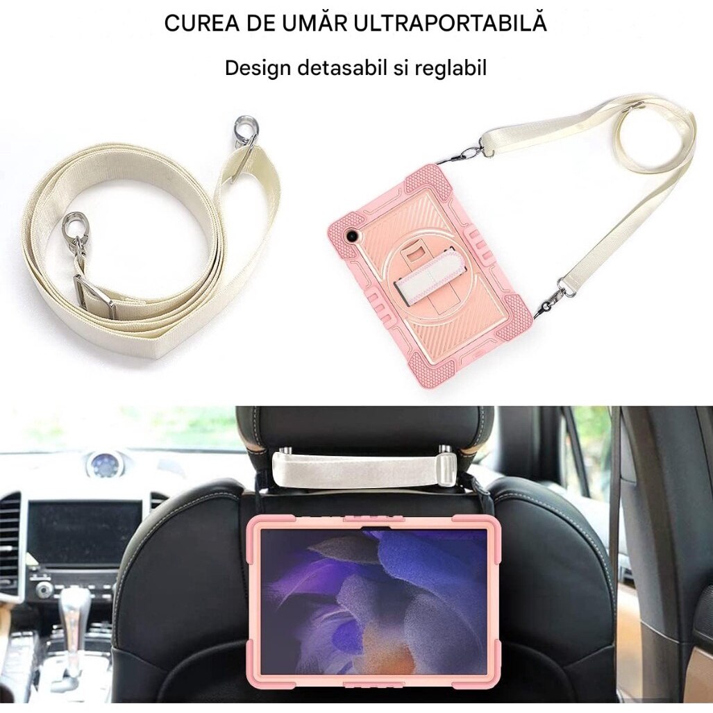 Husa tableta din silicon pentru Samsung Galaxy Tab S7 Plus/ S8 Plus, Protectie Completa 360 cu Functie de Stand, Silicon + PC, capac protector cu 3 straturi, taiere precisa, portabil cu curea de umar, multifunctional, aur roz
