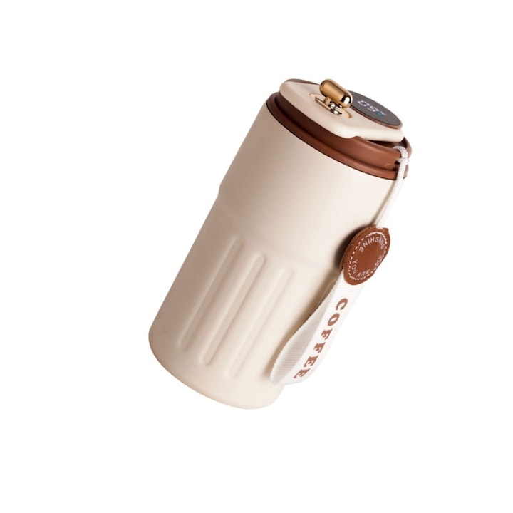 Термос с интелигентен цифров дисплей за температурата, неръждаема стомана, преносим, с въжена дръжка, за топли и студени напитки, 450 ml, Cesca дясно, нехлъзгащо дъно, матово усещане, лесно почистване, цвят кафе, 80 × 165 mm