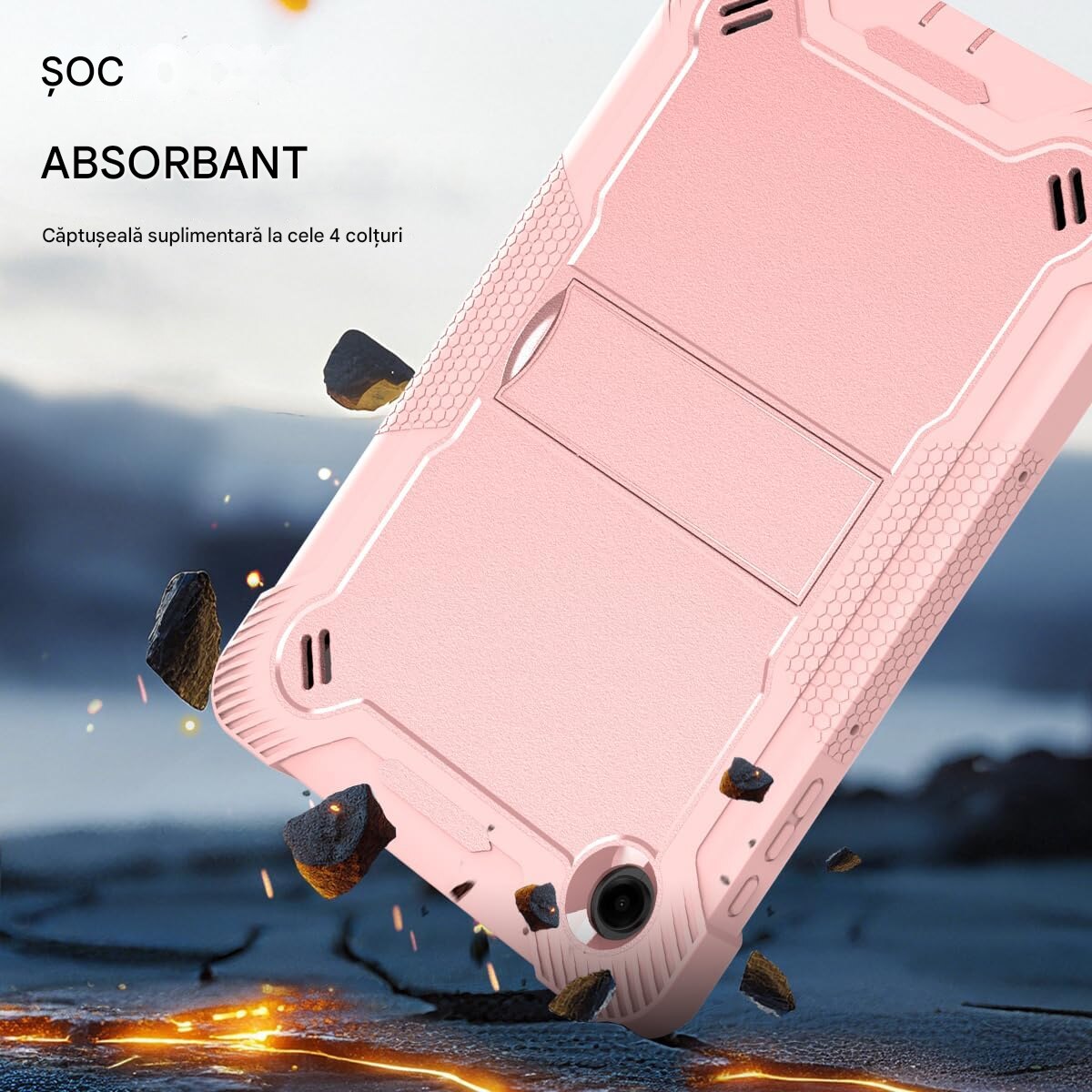 Husa pentru Apple iPad Air 11" (2024)/AIR4/AIR5 11 inch Rugged Heavy Duty, Silicon, material PC, 3 straturi anti picatura, suport functional, suport pentru stilou incorporat, incizie precisa, aur roz