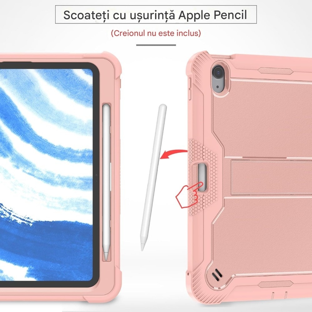 Husa pentru Apple iPad Air 11" (2024)/AIR4/AIR5 11 inch Rugged Heavy Duty, Silicon, material PC, 3 straturi anti picatura, suport functional, suport pentru stilou incorporat, incizie precisa, aur roz