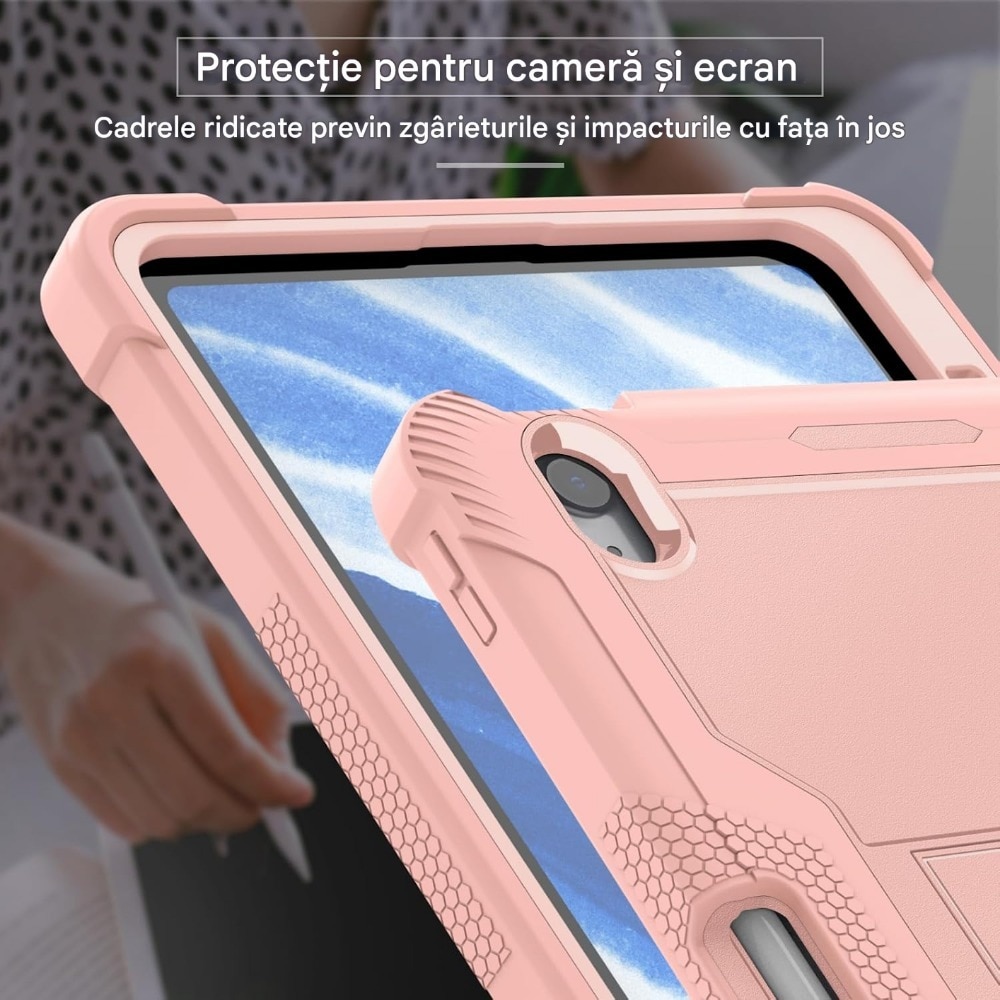 Husa pentru Apple iPad Air 11" (2024)/AIR4/AIR5 11 inch Rugged Heavy Duty, Silicon, material PC, 3 straturi anti picatura, suport functional, suport pentru stilou incorporat, incizie precisa, aur roz