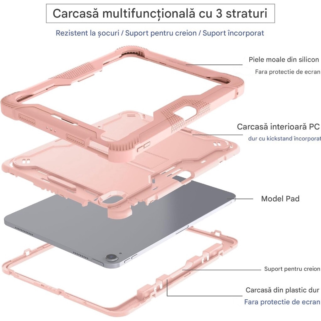 Husa pentru Apple iPad Air 11" (2024)/AIR4/AIR5 11 inch Rugged Heavy Duty, Silicon, material PC, 3 straturi anti picatura, suport functional, suport pentru stilou incorporat, incizie precisa, aur roz