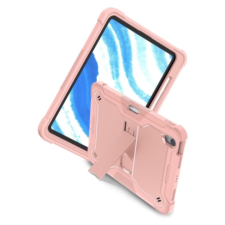 Tok Apple iPad Air 11" (2024)/AIR4/AIR5 11 hüvelykes Rugged Heavy Duty, szilikon, PC anyag, 3 rétegű leejtésgátló, funkcionális állvány, beépített tolltartó, precíz bevágás, rózsaszín arany
