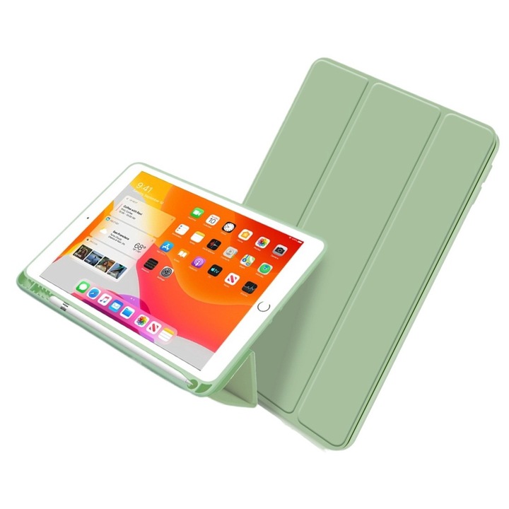 Táblagép tok, TPU, Apple iPad Air 4/5/6 10,9", PU, többszögű állvány, alvás-ébresztő funkció, ütésálló, kopásálló és leejtésálló, zöld