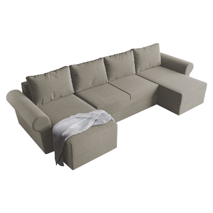 Coltar U Bonito, extensibil, cu lada depozitare, stofa, 330 x 140 x 85 cm, Crem