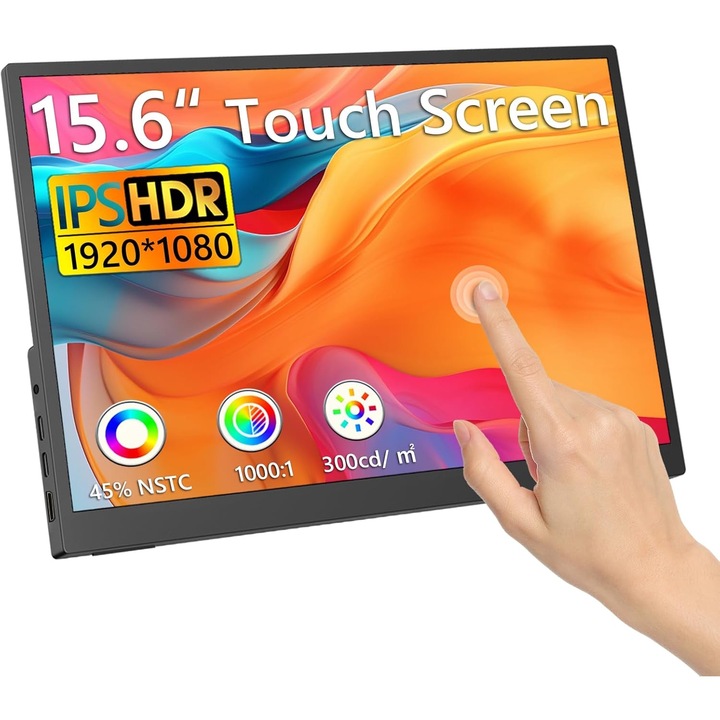 Monitor portabil 15.6 inch cu touchscreen, ecran IPS FullHD 1080P, HDR Dinamic, contrast 1000:1, 16, 7 milioane culori, cu port HDMI, USB-C si USB-A, pentru laptop, PC, smartphone Android, Mac