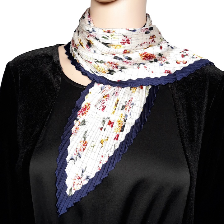 Női sál, redőzött, sötétkék, többszínű