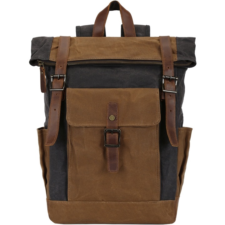 Платнена раница, за пътуване, туризъм, отделение за лаптоп, ретро вид, ретро стил, водоустойчива, кожени детайли, унисекс, JOLAR., YD-7951GY, Сива