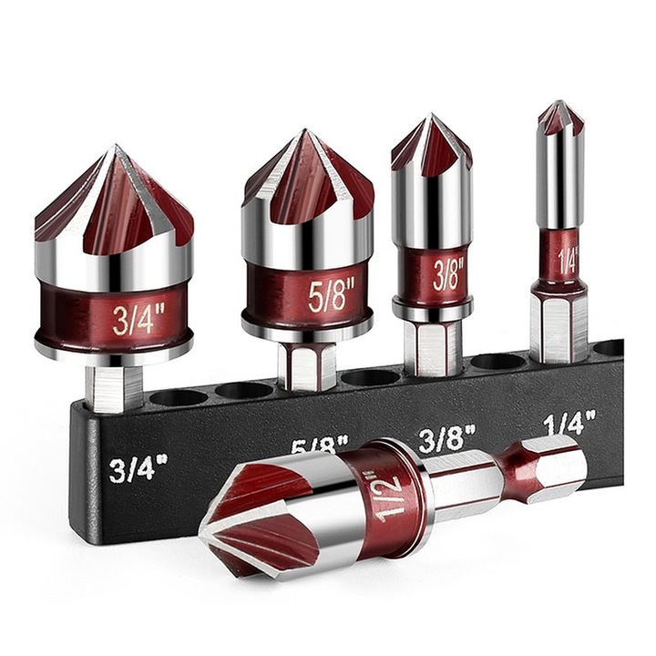 Set 5 burghie pentru contrasurubare, Yakumuz, 82 grade, 5 caneluri, dimensiuni 1/4-3/4 inch, pentru lemn, metal, plastic