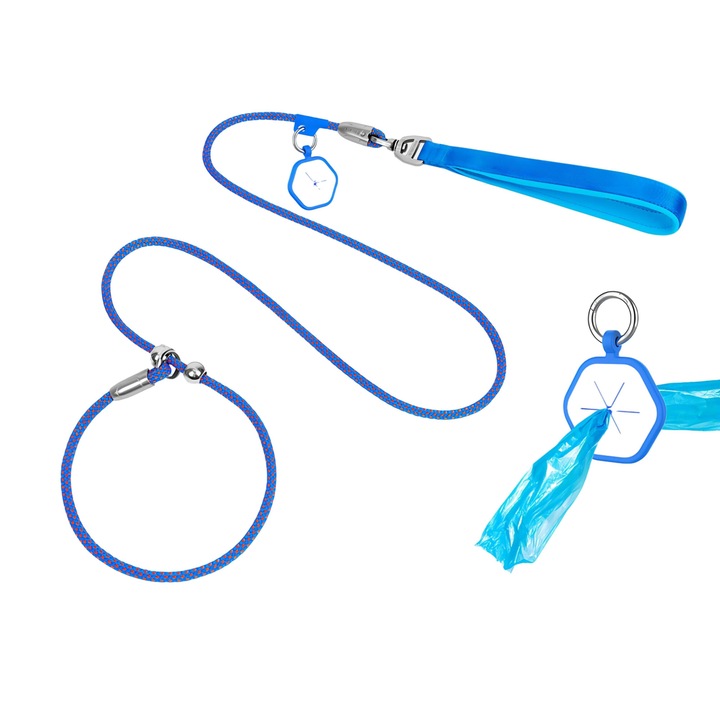 Lesa pentru caini, 160cm, albastra, design anti-inecare, sistem de blocare dublu