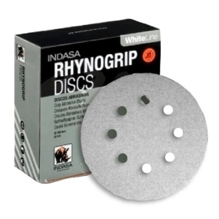 Disc abraziv Indasa Rhynogrip White P80, 125mm, 8 gauri, utilizare pe metal, lemn, sticla