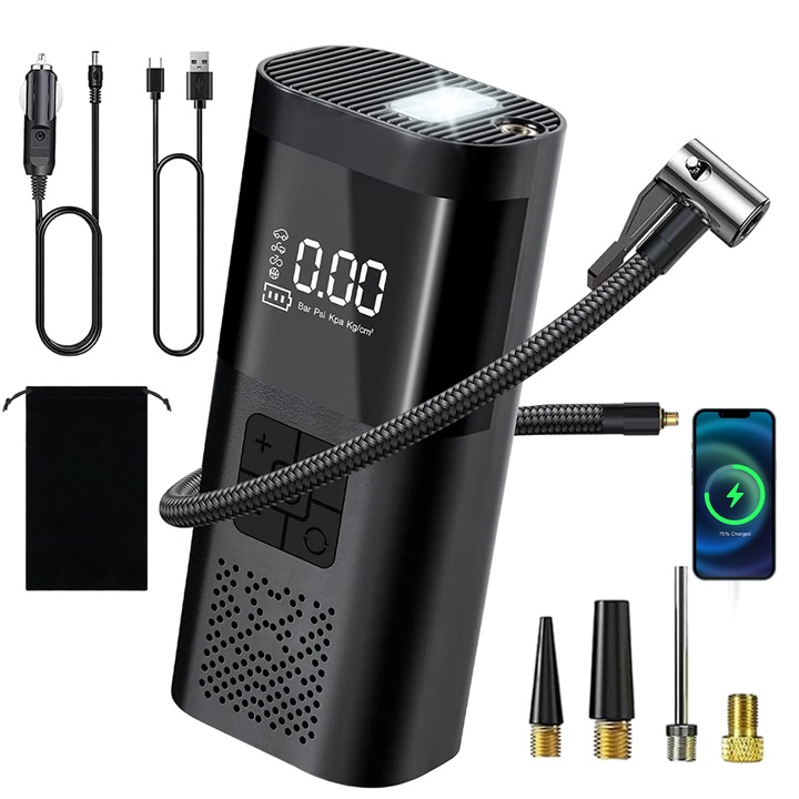 Pompa de umflat electrica, 6000mAh, 150PSI, cu manometru digital LCD, pentru masina, motocicleta, bicicleta, mingi si inele de inot