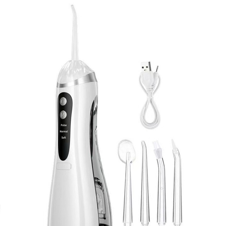 3 ÜZEMMÓD + 360°-OS FORGATÁS Professzionális szájöblítő 1600 impulzus/perc 200 ml-es kapacitás 0,6 mm-es ultrafinom sugár 4 tartozék Hordozható Élelmiszeripari minőségű anyagok Fehér