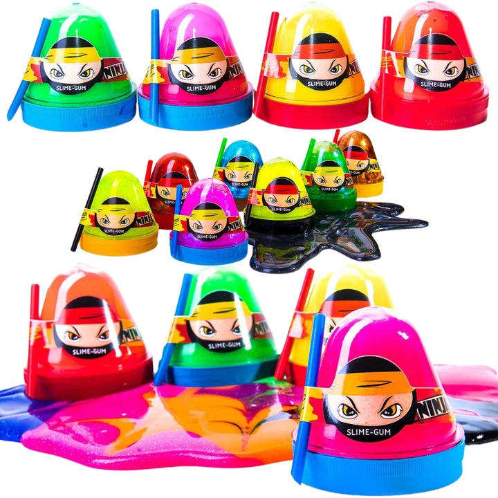 Set antistres Ninja cu slime colorat 100g, neon, ecologic, 7x7x7cm, pentru copii 5+