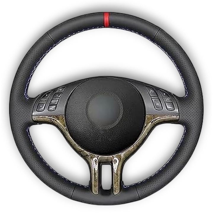 Husa volan piele dedicata BMW E46, cusuta manual, culoare cusatura rosu