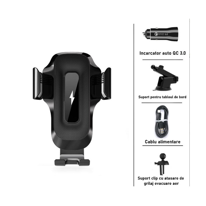 Suport Auto Cu Incarcator Wireless Pentru Telefon, Negru, Fixare In Grila De Ventilatie Sau Ventuza Pentru Tabloul De Bord, Senzor Touch Deschidere Brate, Fast Charge Wireless, Design Stabil Si Reglabil