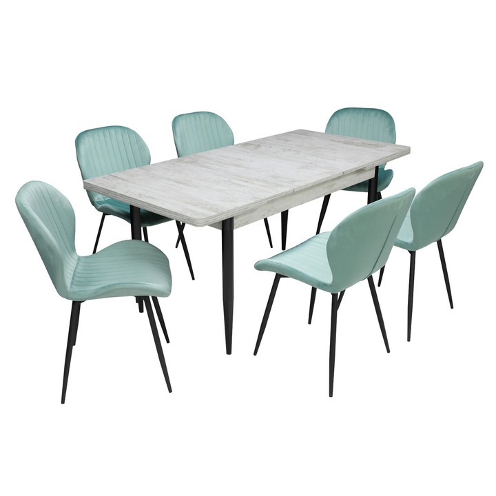 Set masa extensibila Aris Ash White cu 6 scaune Opal verde fistic, picioare negre, tapiterie din material textil, dreptunghiulara, blat din PAL laminat, 130x78x80 cm
