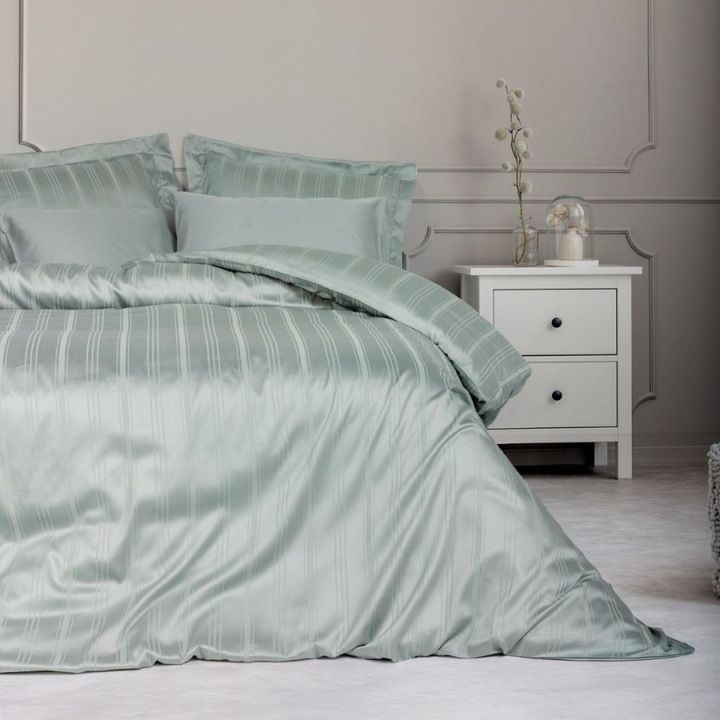 Dupla ágynemű, bambuszból és pamutból, 240 x 260 cm, 6 db, Pamut doboz, Menta zöld csík